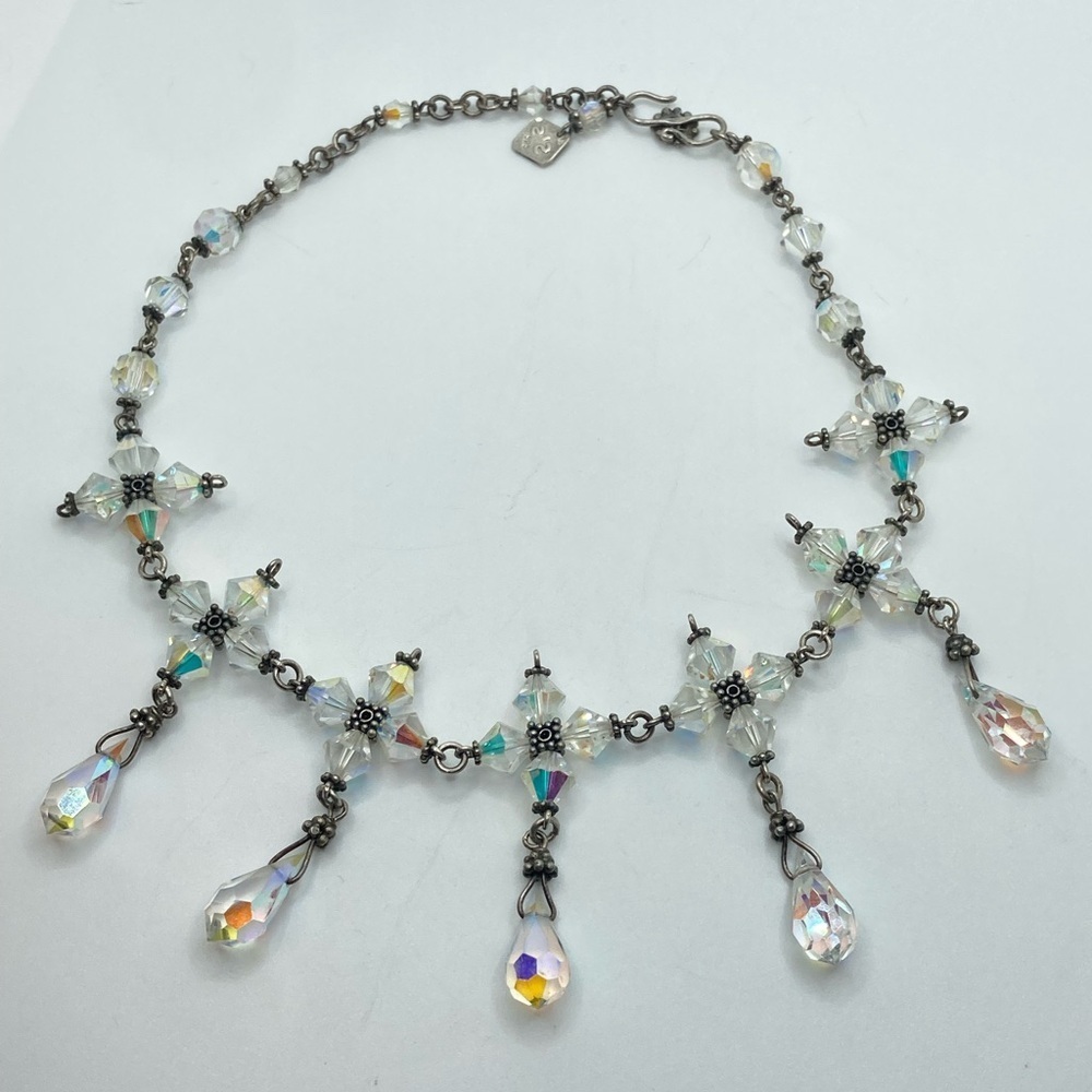 Vtg Sterling AB Aurora Crystal Floral Flower Design Necklace 15” + 1” Drop